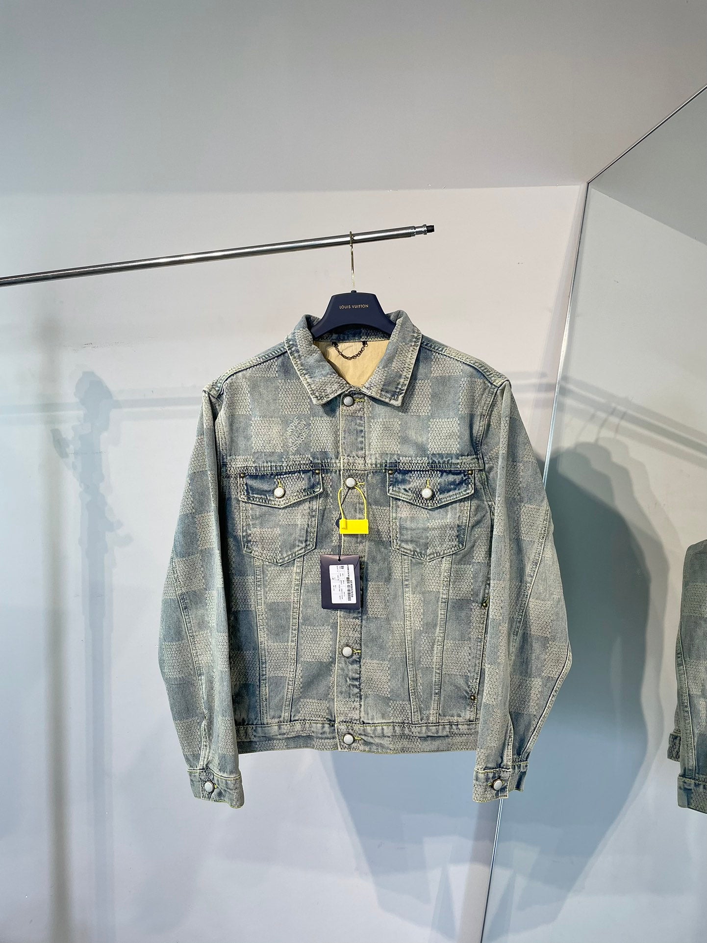 1105 New limited edition checkerboard patchwork washed blue denim jacket jeans set 1105 New limited edition checkerboard patchwork washed blue denim jacket jeans set