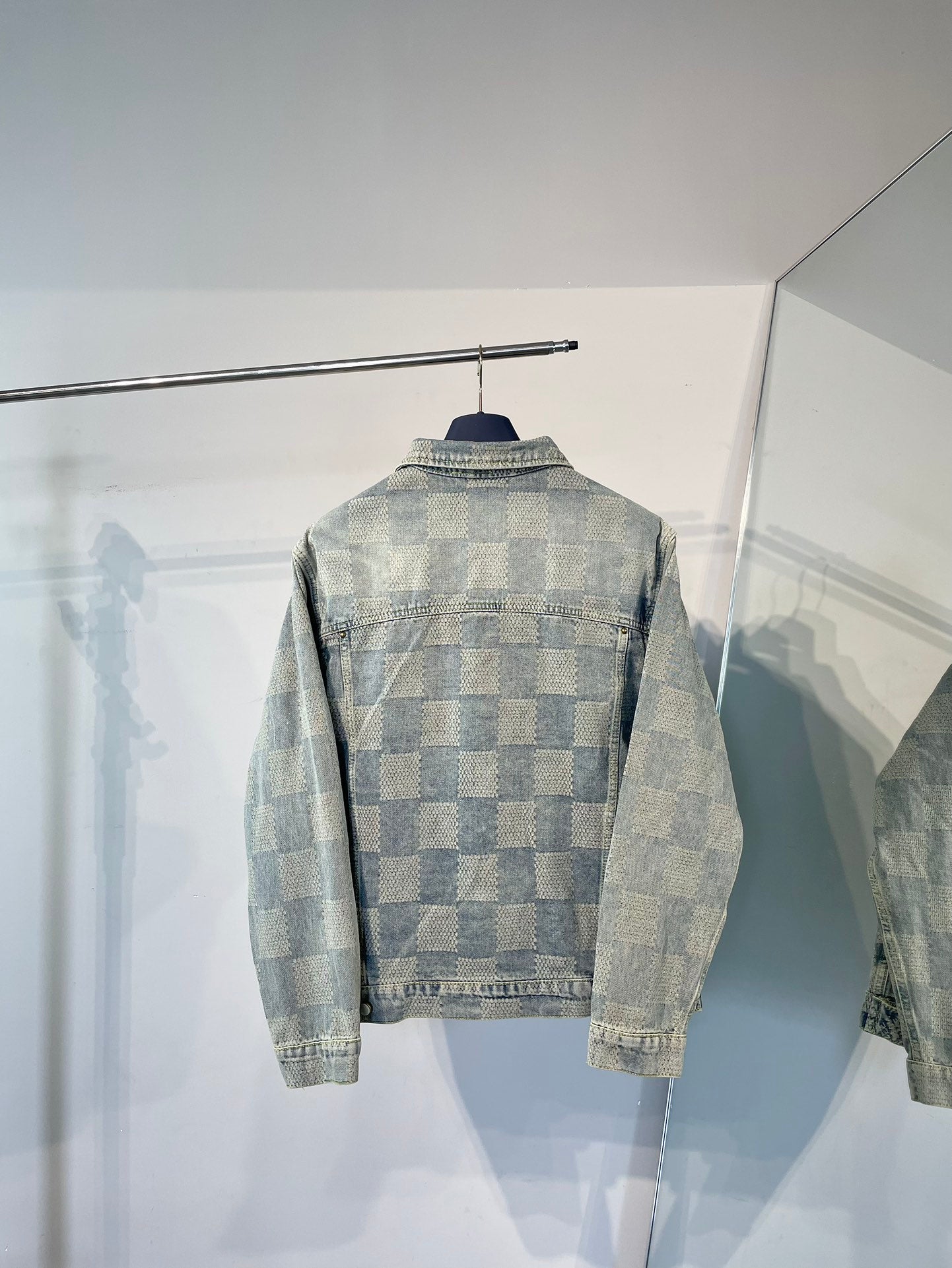 1105 New limited edition checkerboard patchwork washed blue denim jacket jeans set 1105 New limited edition checkerboard patchwork washed blue denim jacket jeans set