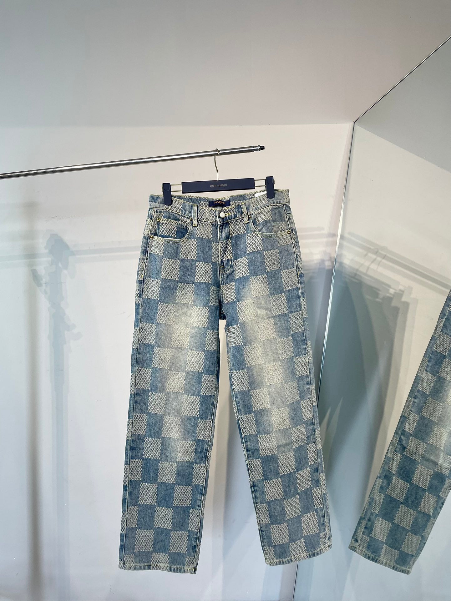 1105 New limited edition checkerboard patchwork washed blue denim jacket jeans set 1105 New limited edition checkerboard patchwork washed blue denim jacket jeans set