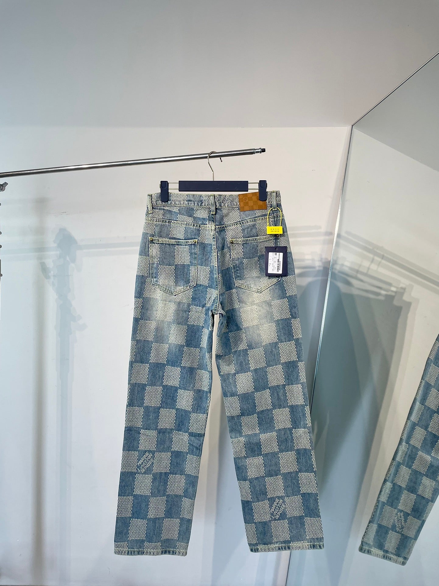 1105 New limited edition checkerboard patchwork washed blue denim jacket jeans set 1105 New limited edition checkerboard patchwork washed blue denim jacket jeans set