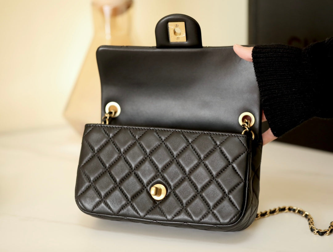 0528 Mini Rectangular Pearl Crush Quilted Black Lambskin Gold Hardware 0528 Mini Rectangular Pearl Crush Quilted Black Lambskin Gold Hardware